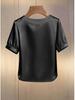 Women's Stylish Pearl Collar Satin T-Shirt: Short-Sleeve, Round Neck, Summer Fashion.