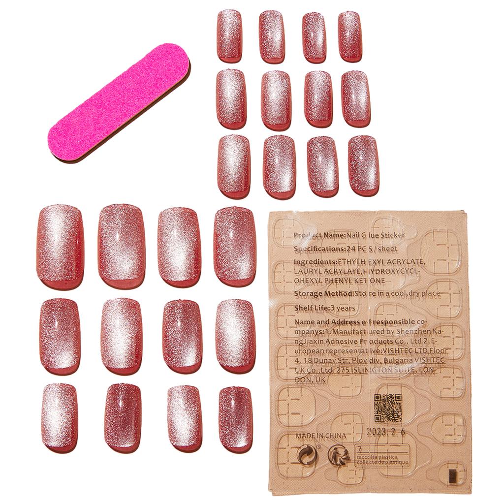 24 Pcs Cat Eye Press On Nails Full Cover Stick On Nails Pink False Nails Medium False Nails Tips Acrylic Artificial Nail