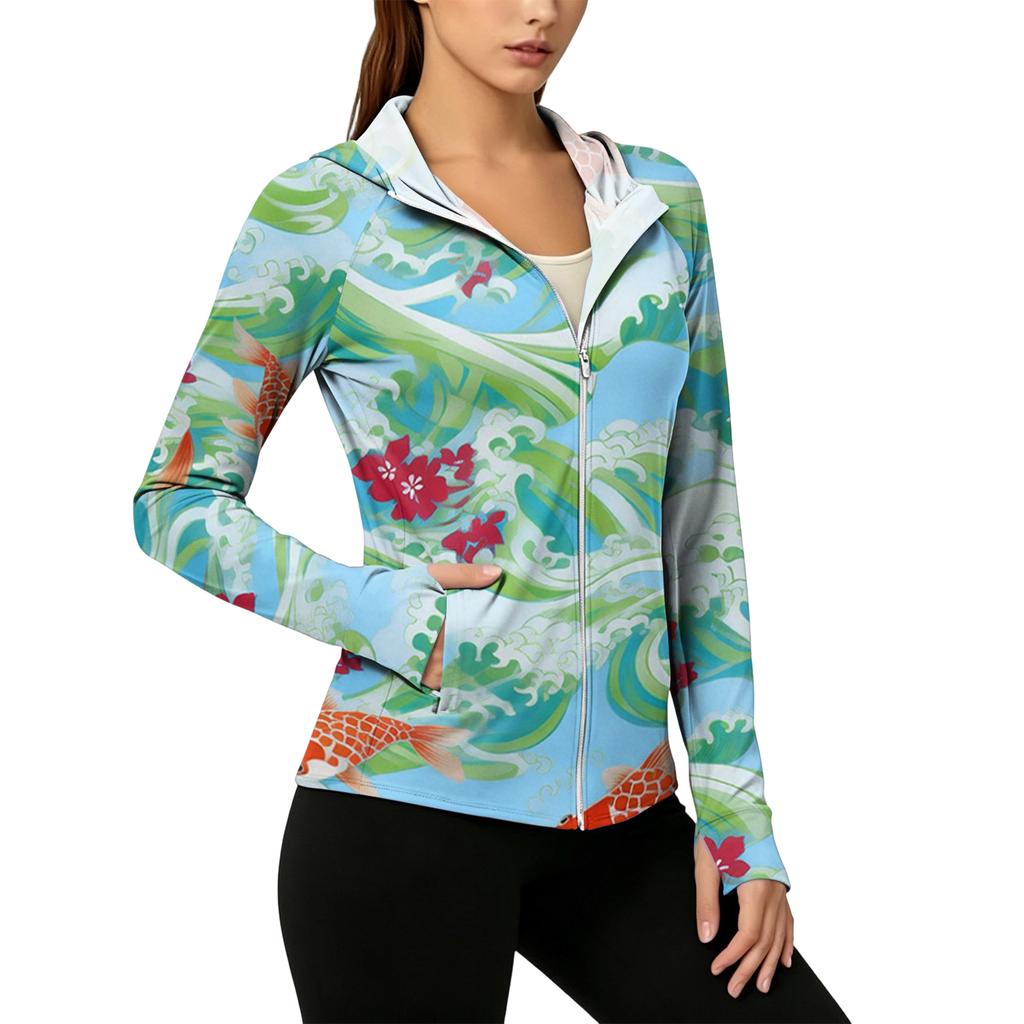 Women’s Zip Up Hooded Sun Jacket with Pockets Long Sleeve Lightweight Outerwear Tropical Print Design