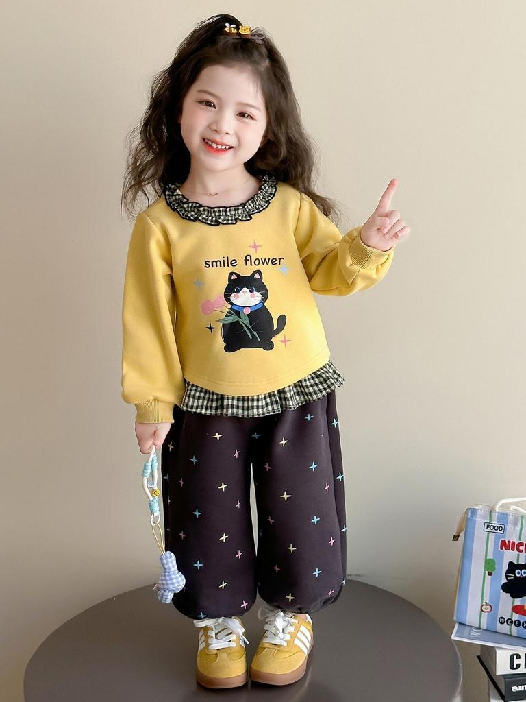 Spring 2025 Girls' Cartoon Sweatshirt & Pants Set - Casual Two-Piece for Baby Girls