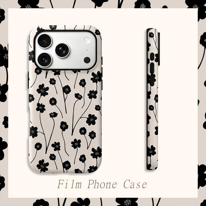 Delicate Organic Black Cream Floral Stem Pattern Art Film Aesthetic Protective Shockproof Bumper Phone Shell Cover For iPhone 14 15 16 Pro Max Plus