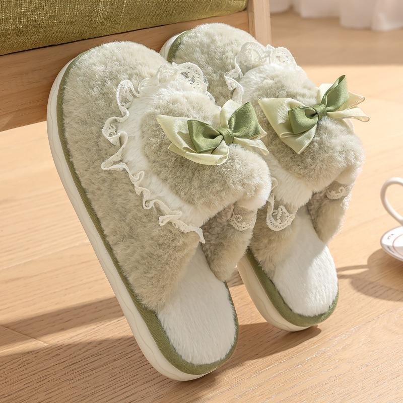 Bow cotton slippers women's winter new couple cute home plush warm fluffy slippers