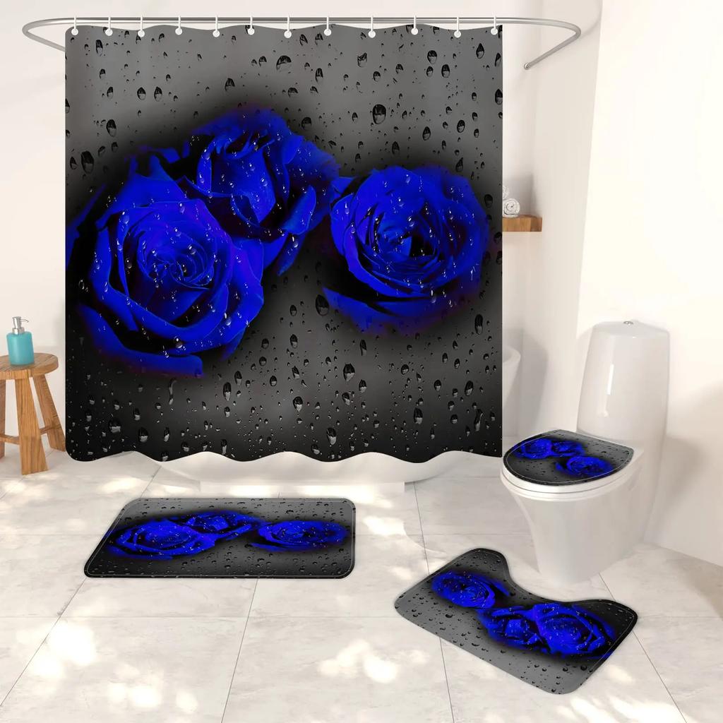 Blue Rose Flowers Waterproof Bathroom Shower Curtain Set Polyester Toilet Seat Cover Bath Nonslip Mat Rug Carpet Home Decor