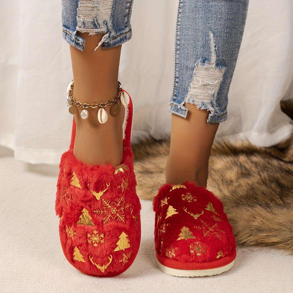 

Зимние тапочки с рождественским узором, удобные и теплые, без застежек, пушистые туфли на плоской подошве, закрытые домашние тапочки 38-39 красный