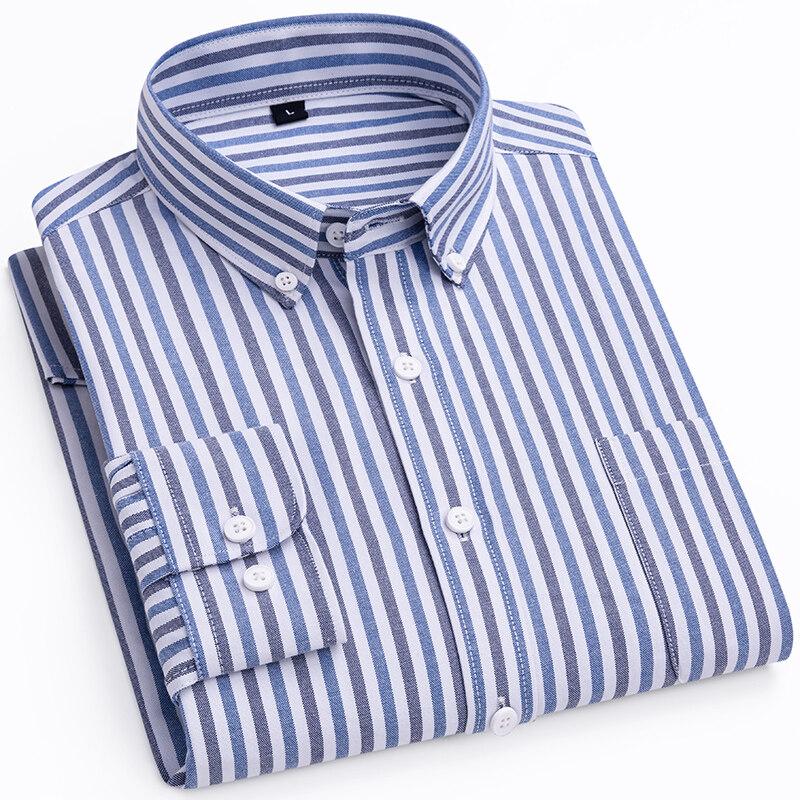 Spring Autumn Men's Business Casual Shirts Fashion Striped Long Sleeve Square Collar Oxford Textile Shirt Male Tops Plus Size