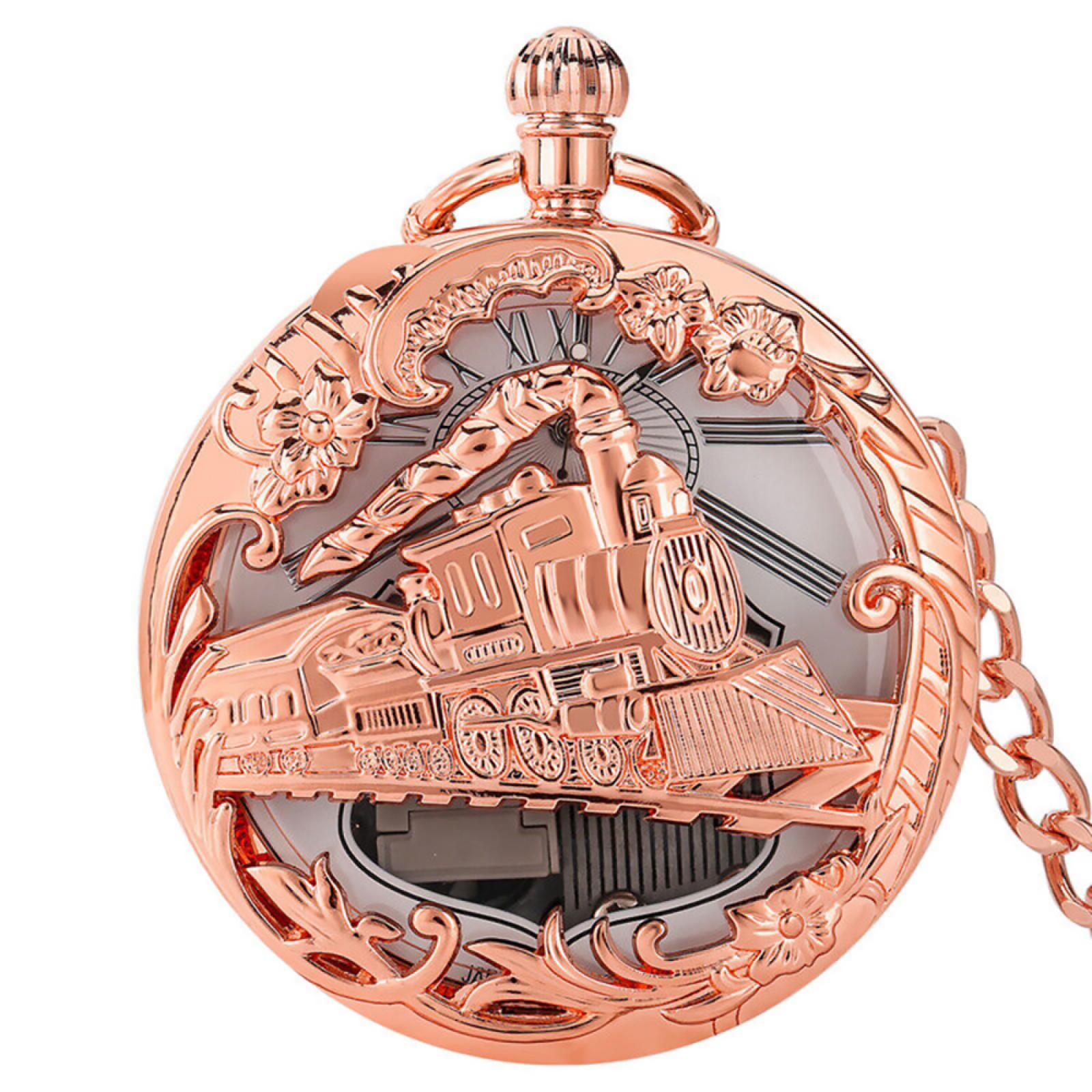 

Uncommon Musical Movement Pocket Watch Train Case Retro Quartz Pocket Watch Vintage Hollow Quartz Fob Watch With Necklace Chain рожевий колір золота