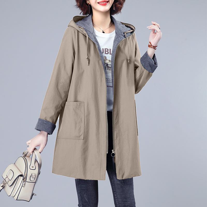 Spring Autumn Plus Size Women's Coat Loose Office Lady Hooded Comfortable Long Sleeves Mid Length Female Coat