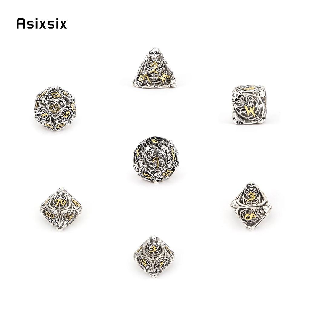 7 Pcs Silver Golden Skull Metal Dice Hollow Metal Polyhedral Dice Set Suitable for Role-Playing RPG  Board Game Card Game