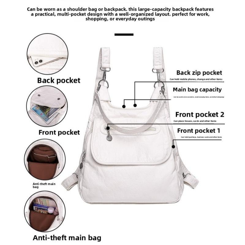 Multifunction White Backpacks Fashion Washed Soft PU Leather Anti-thief Backpack Large Capacity School Bag for Teenager Girls
