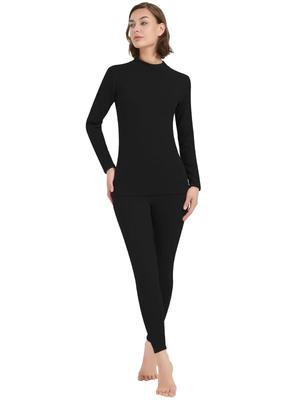 Sillictor Winter Unterwäsche Warmes Unterhemd und Lange Woll-Seiden-Kombination für Damen, Fleecegefüttert, Heattech, Hoher Kragen, Strumpfhose, Mischgewebe, GLW02-blk-2XL