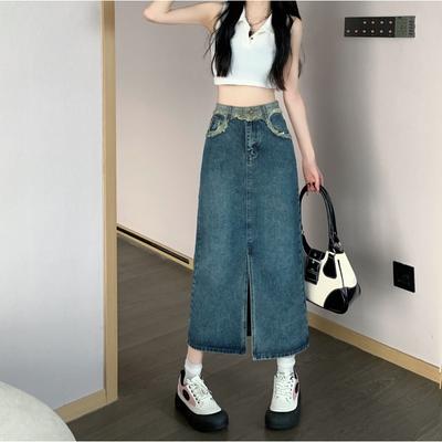 Damen-Hosen für Frühling und Herbst, Design Sense Vintage, geteilter, hoch taillierter, mittellanger A-Linien-Rock, mittellanger Denim-Halbkörperrock