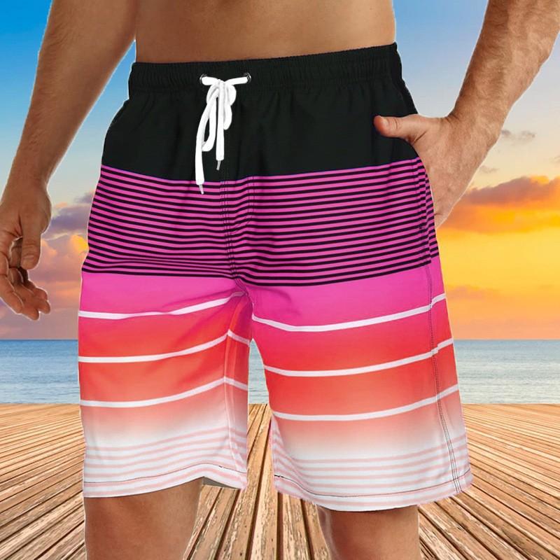 Fashionable Comfortable Breathable Beach Shorts Men Colorful Stripe 3D Printed Board Shorts Summer Casual Holiday Short Pants Loose Surf Swim Shorts