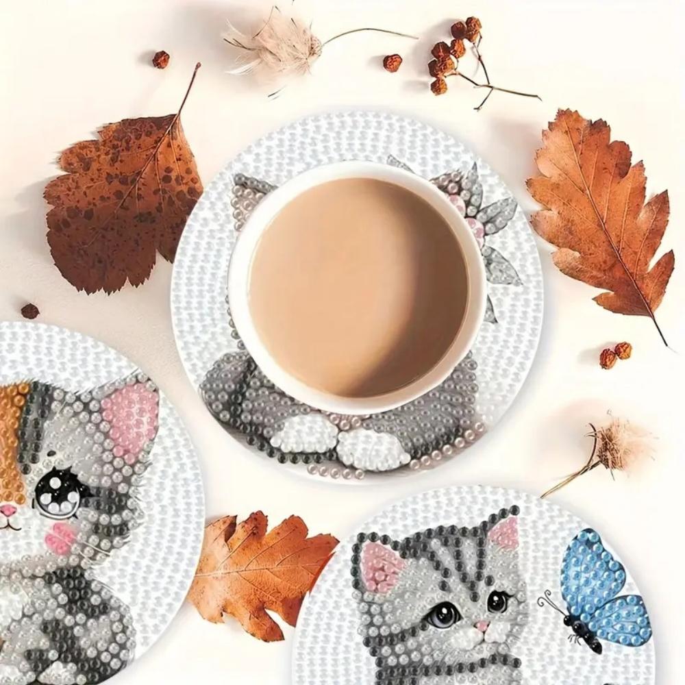 8 Pieces/set of Diamond Painted Cat Patterned Coasters, DIY Coasters with Holder, Suitable for Beginners and Adults, Art and Craft Supplies Gifts