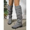 Women's Large Size Belt Buckle Slouch Boots Chunky Heel Knee-High Fashion Boots.