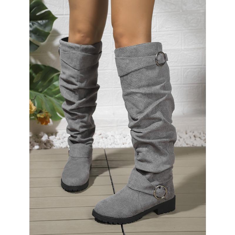 Women's Large Size Belt Buckle Slouch Boots Chunky Heel Knee-High Fashion Boots.