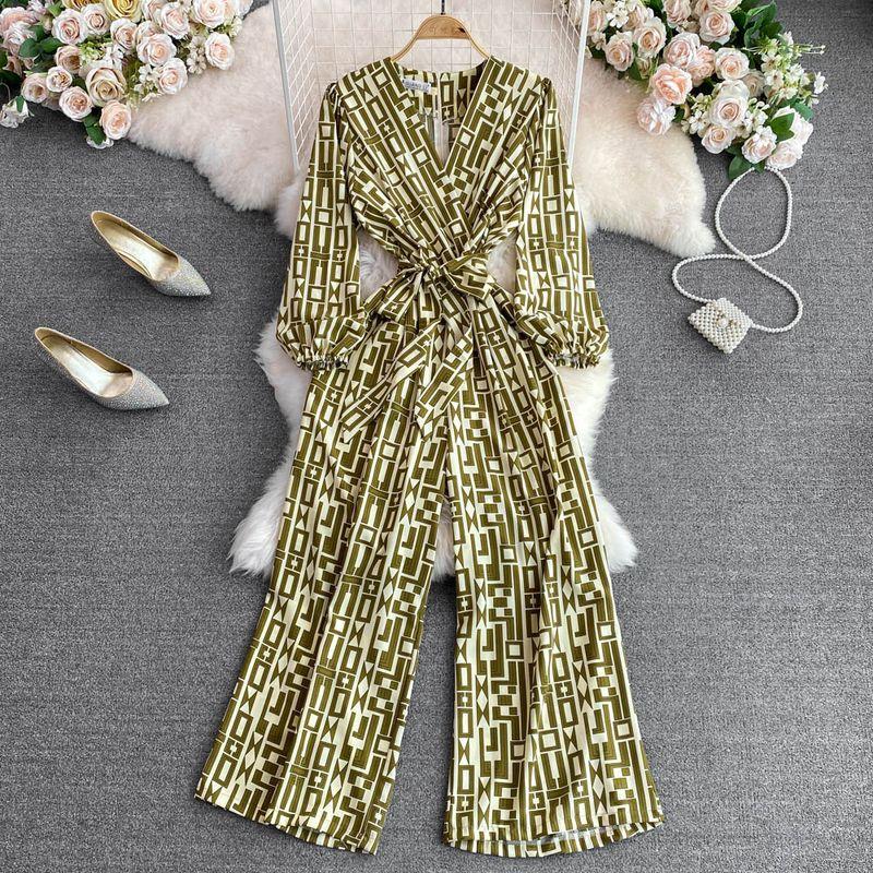 

K-style Fashion V Neck High Waist Slim Looking Gingham Jumpsuit Green All yards