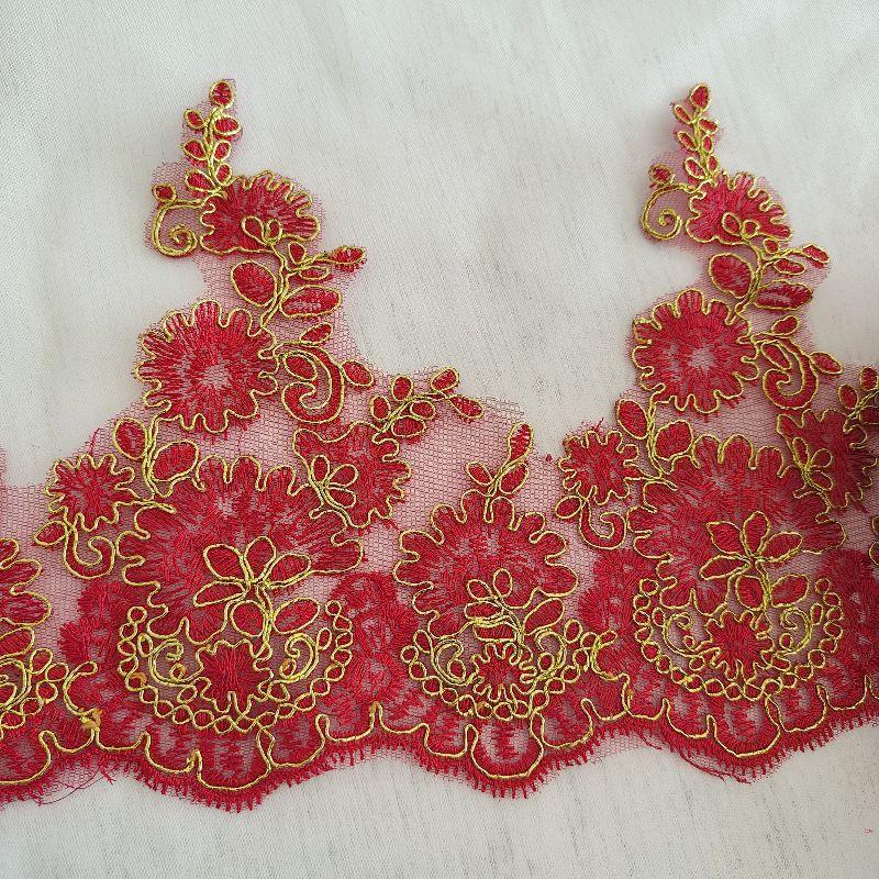 Červené vyšívané krajky Retro svatební šaty Doplňky pro pódiové vystoupení Krajkové květiny DIY doplňky Látkové umění