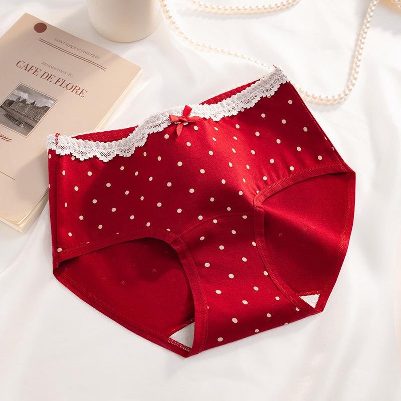 Women's Spring and Autumn Year Red Floral Pure Cotton 10A Extended Middle Waist Triangle Briefs