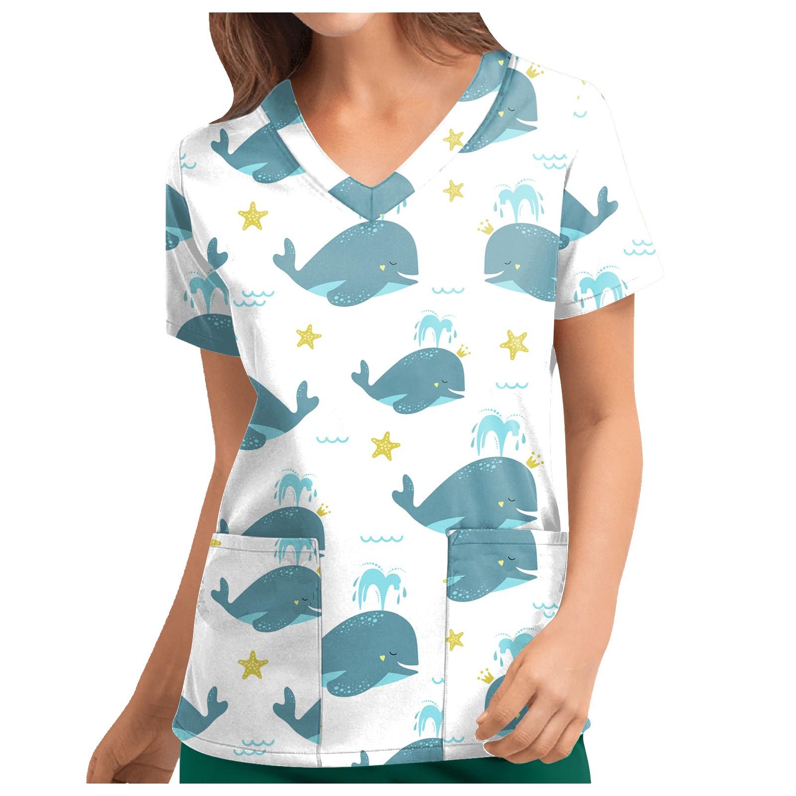 

Женские футболки с персонализированным милым принтом, топ с v-образным вырезом и короткими рукавами, рабочая форма, топы с карманами XXL синий