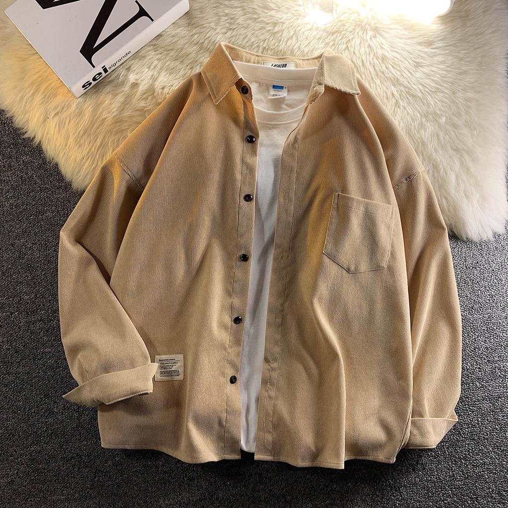 Spring Autumn Corduroy Long Sleeve Men's Shirts Streetwear Solid Color Oversize Harajuku Man Shirt