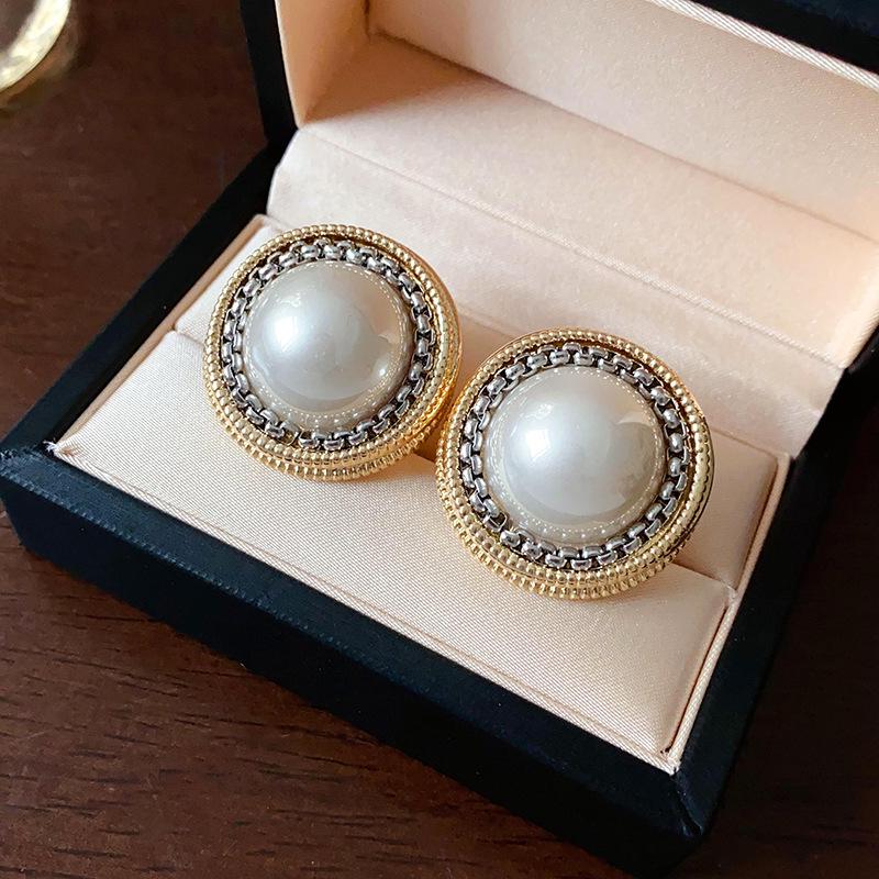 Silver Needle Pearl & Diamond Geometric Hollow Earrings - Elegant High-End Studs