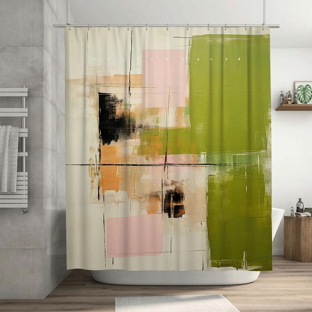 Tenda da Doccia Arte Astratta Decorazione Bagno Stampa Geometrica Moderna in Verde, Nero, Beige Rosa Misura Extra Lunga per Vasca da Bagno o Parete
