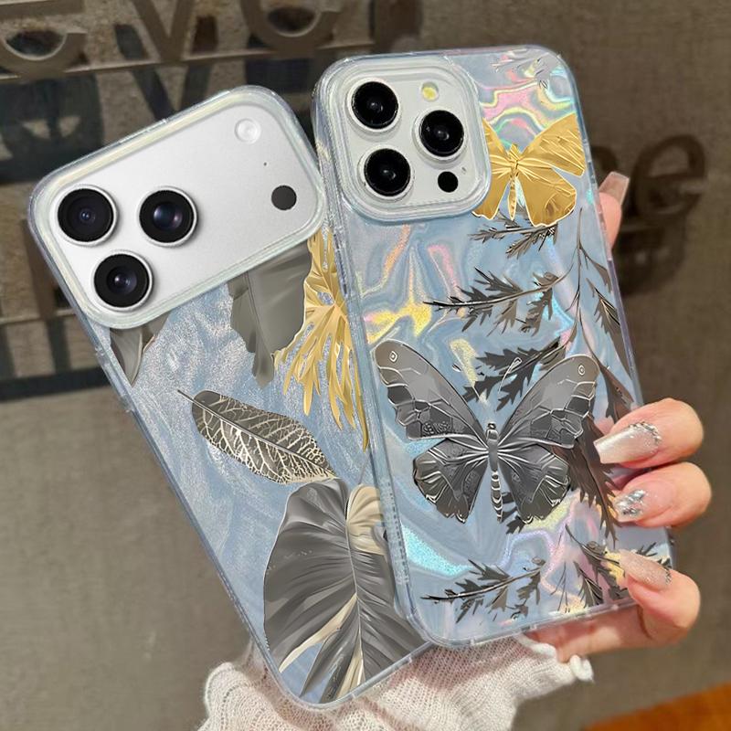 Šedý Vzor Motýlů Pouzdro na Telefon Pro iPhone 17 Air 16e 16 15 14 Pro Max 13 17 Pro Max Nárazuvzdorný TPU Hybridní Tvrdý PC Kryt na Telefon