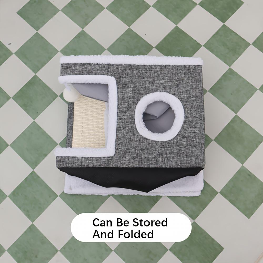 Luxury Double-Layered Cat Bed - All-Season Enclosed Nest with Sisal Scratching Board & Non-Slip Base, Includes Mat - Grey