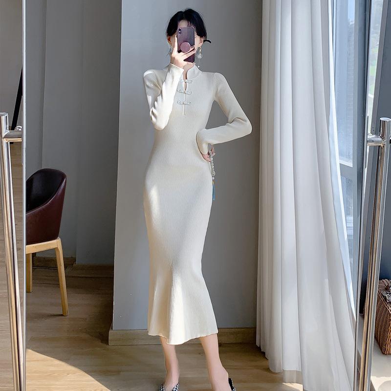 Autumn/Winter Retro Chinese Cheongsam Fishtail Knit Dress for Women