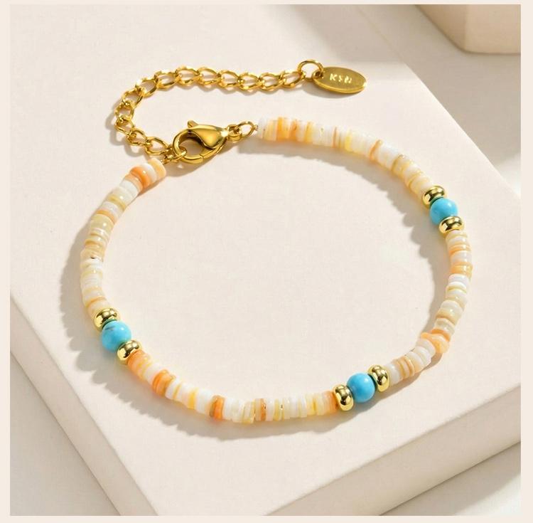 Boho Beaded Bracelet Natural Shell Turquoise Bead Chain Stackable Layering Bracelet for Women Summer Beach Jewelry