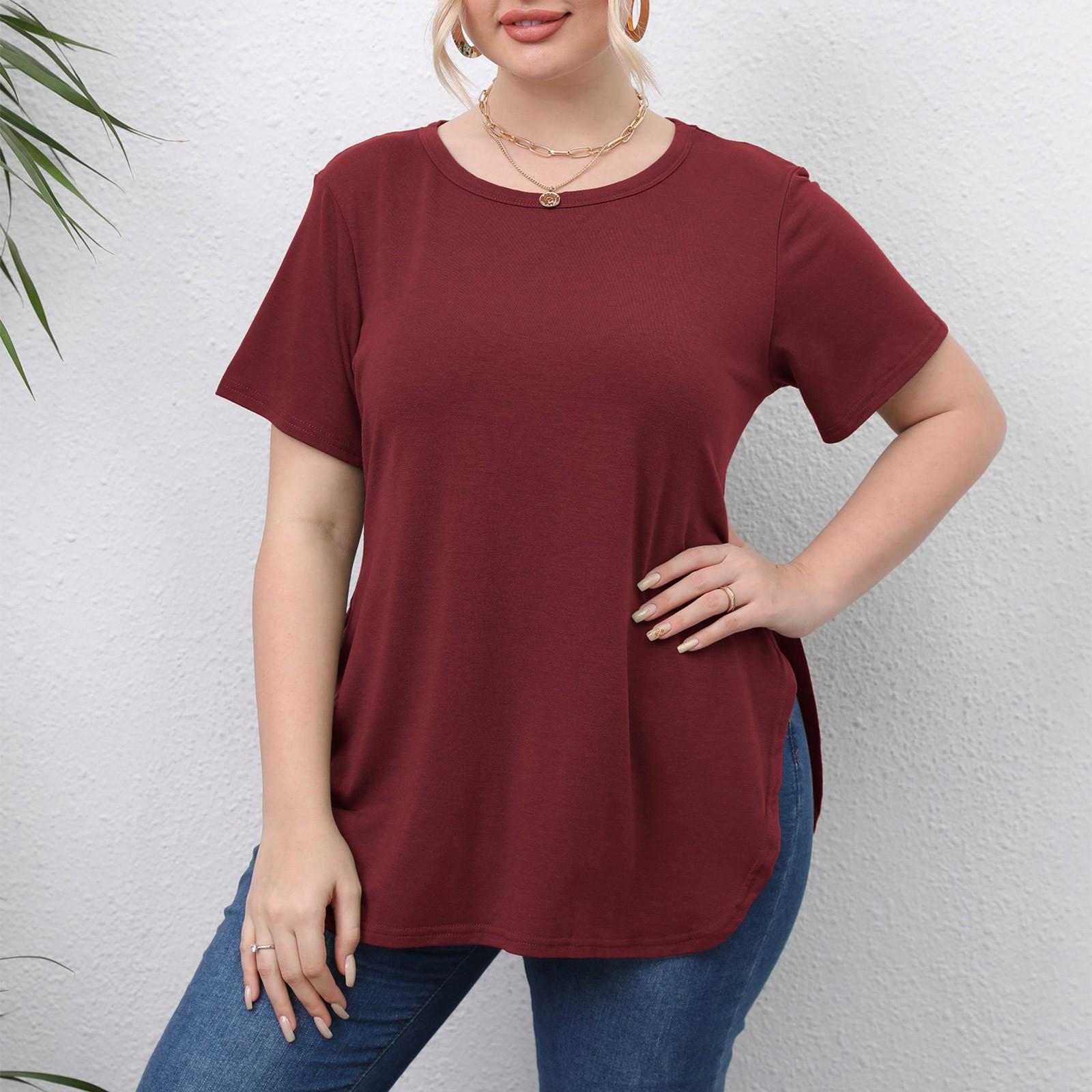

Summer Large Size Casual Round Neck Slit Short Sleeve T-shirt Top XL винний