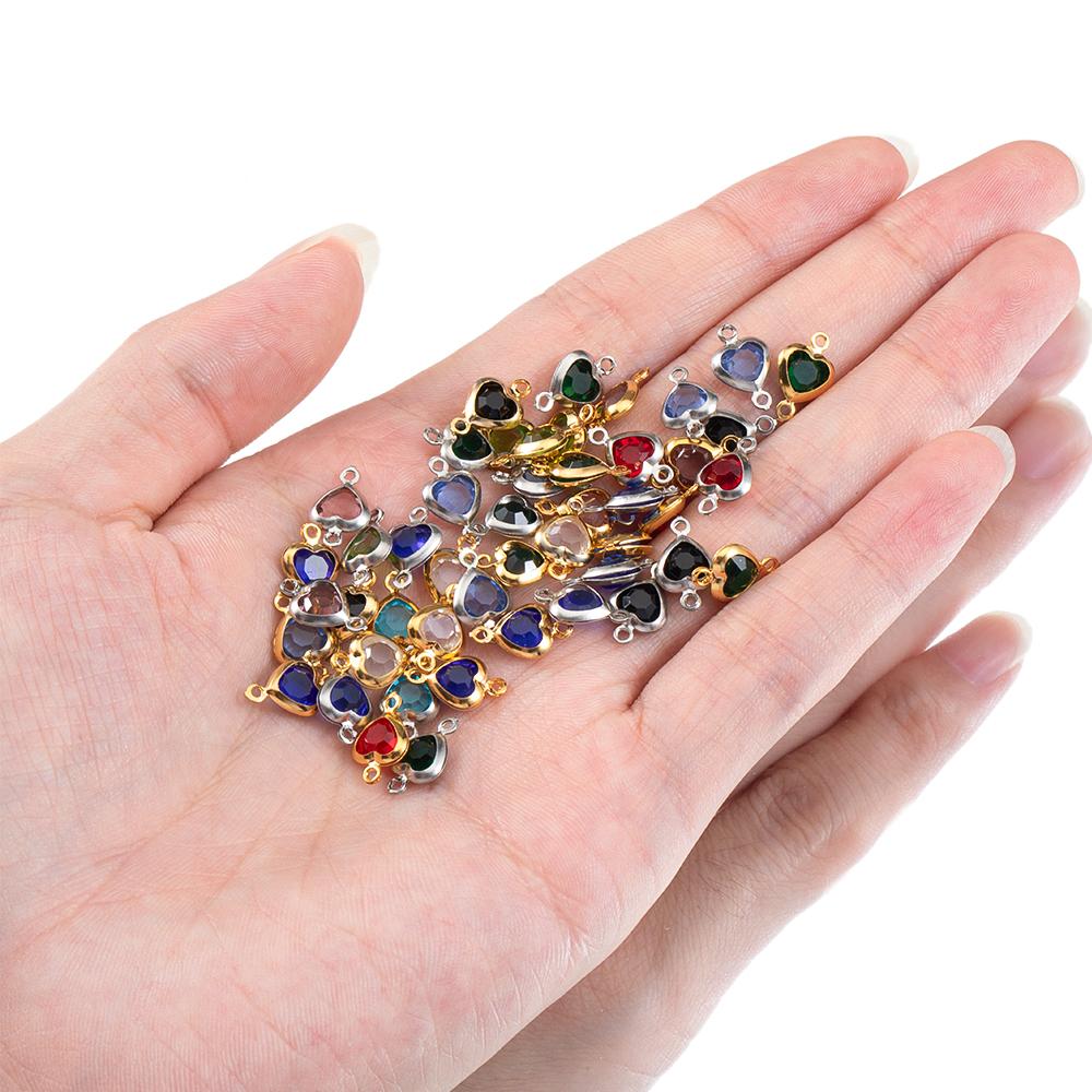 10pcs Glass Heart Pendants Base Stainless Steel Double Hole Colorful Crystal Charms Connector for DIY Necklace Jewelry Makings