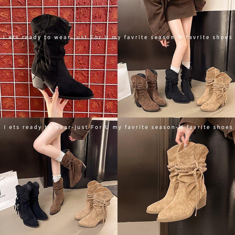 Boots Suede New Tassel Autumn Retro Short Boots Pointed Boots Single Pile Medium Boots Middle Heel 2025 Short Boots Women