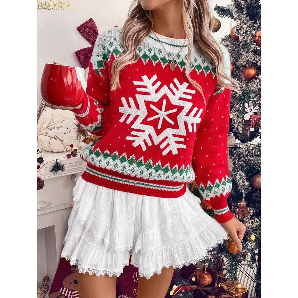 Fall Winter Christmas Snowflake Fair Isle Jacquard Sweater, Loose Crew Neck Long Sleeve Knit Top for Women, European American Crossborder Outerwear