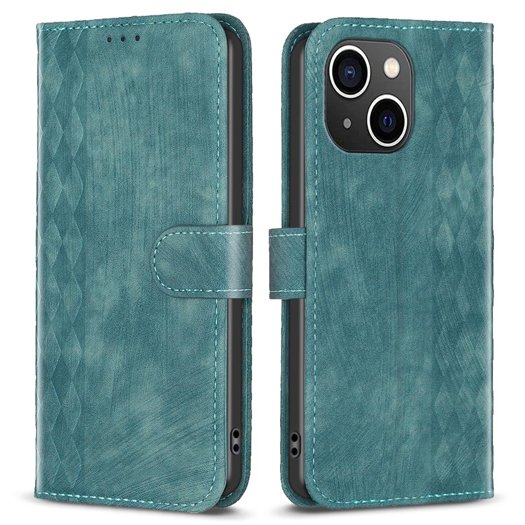 

Чехол из ПУ кожи с ромбовидным тиснением для iPhone 15, противоударный чехол-подставка с кошельком Green