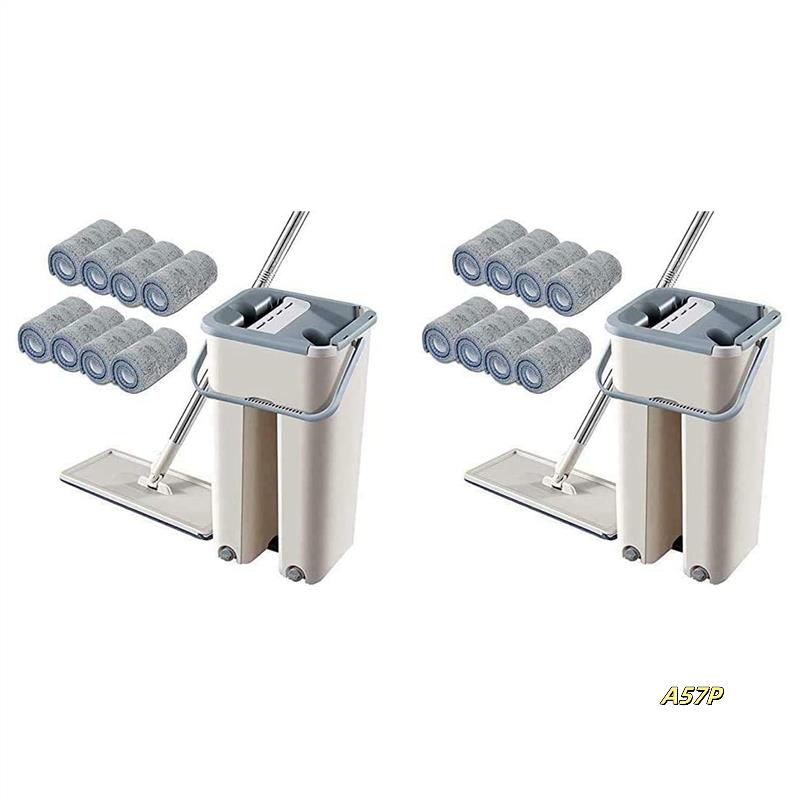 2X Floor Mop Set 360 Degree Rotation Telescopic Handle Self-Cleaning Flat Mop With Microfibre Pads And Cleaning Bucket