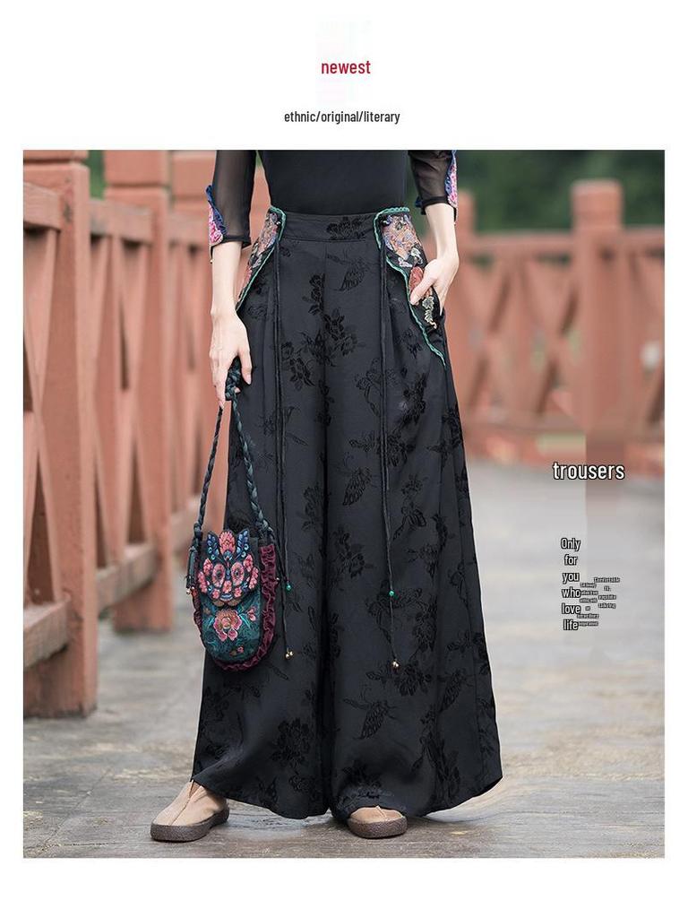 Women's Ethnic Style Embroidered Wide-Leg Pants - Casual Retro Long Trousers