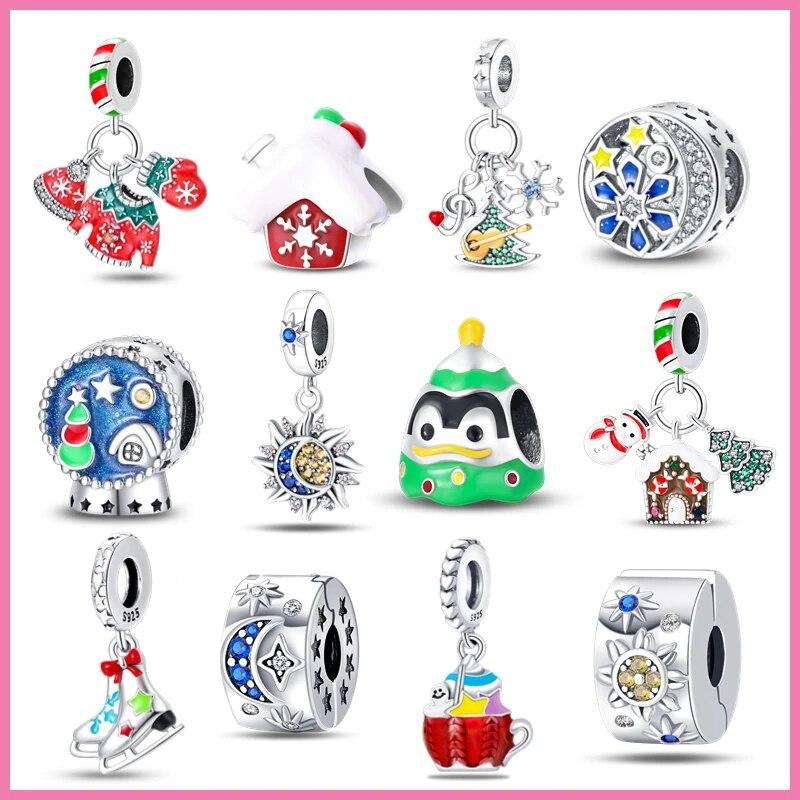 

Зимние подвески в виде снежинок Fitfashionоригинальный браслет из стерлингового серебра 925 пробы с блестками Рождественская елка Хрустальный шар Подвески в виде пингвинов