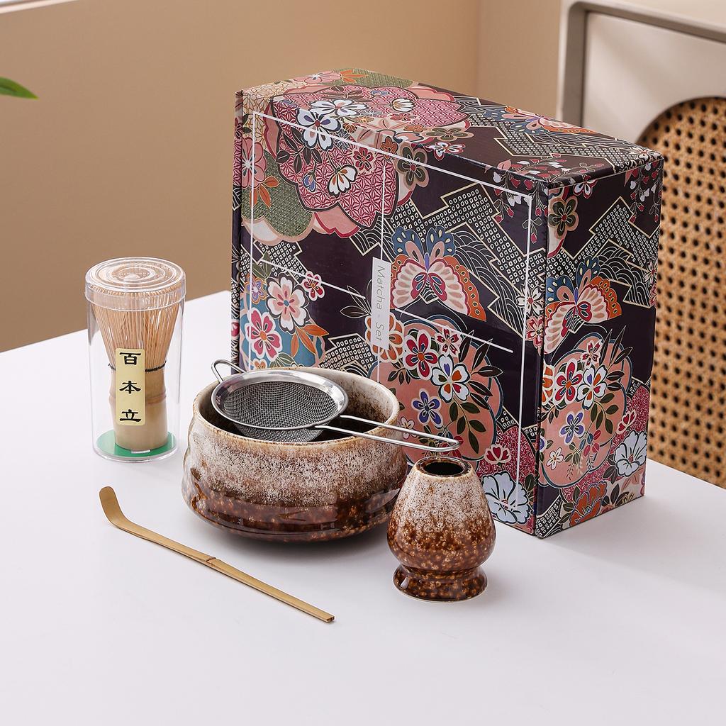 Japanese Matcha Tea Set Ceramic Chawan Bowl Whisk Holder Scoop Spoon Sieve Gift Traditional Tea Ceremony Kit for Home Restaurant