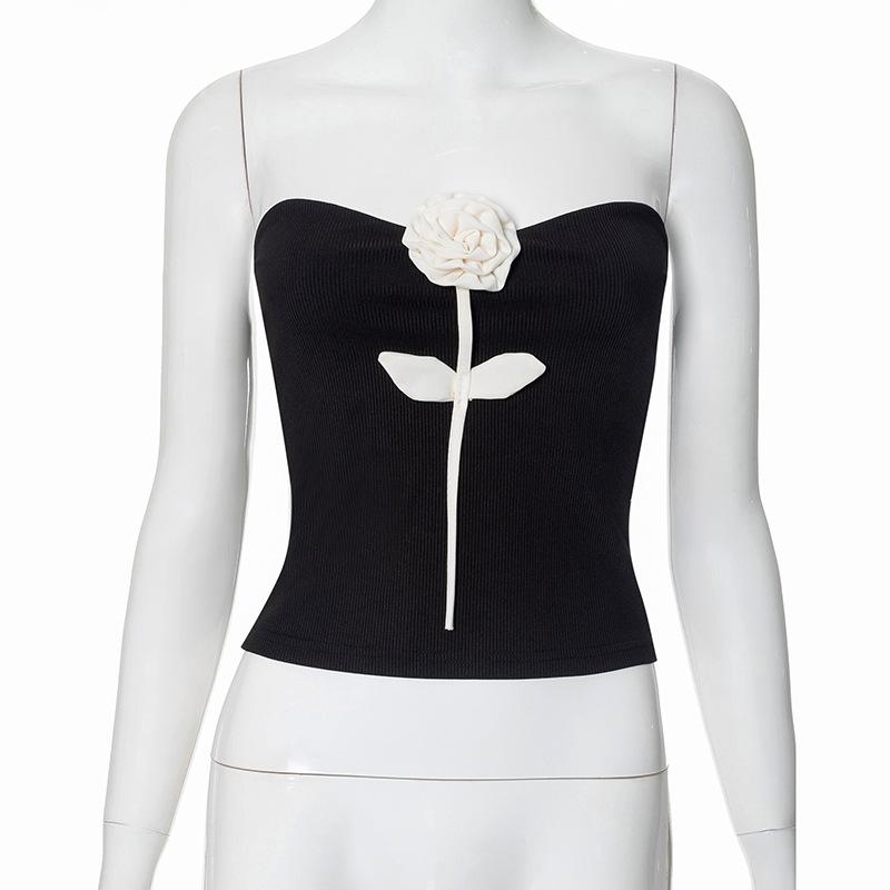 Women's Fashion Three-dimensional Flower Decoration Sexy Spice Girl Style Short Plunge Top