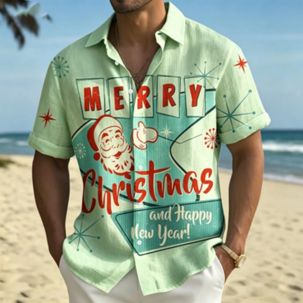 Men's short sleeved shirt, Santa Claus printed short sleeved shirt, European and American holiday casual collar shirt