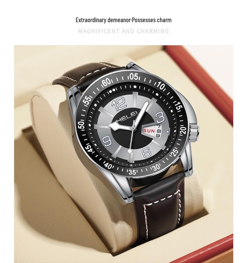 HELEI Men's Luminous Quartz Watch: Waterproof with Genuine Leather Band.