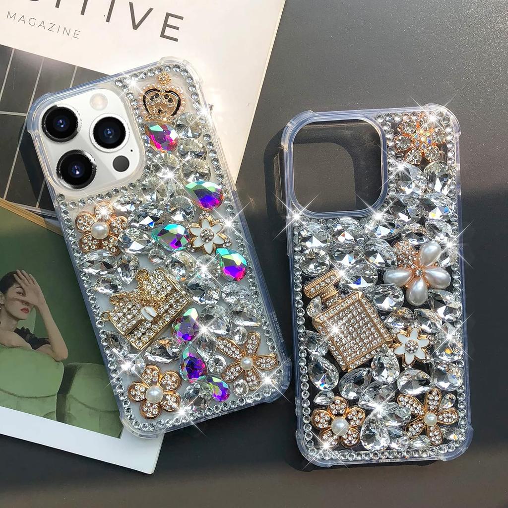 Compatible with iPhone 16 Pro Max Case Cute Bling Glitter 3D Rhinestone Diamond for Women Girls Crystal Girly Handmade Flower Gem Fashion Luxury