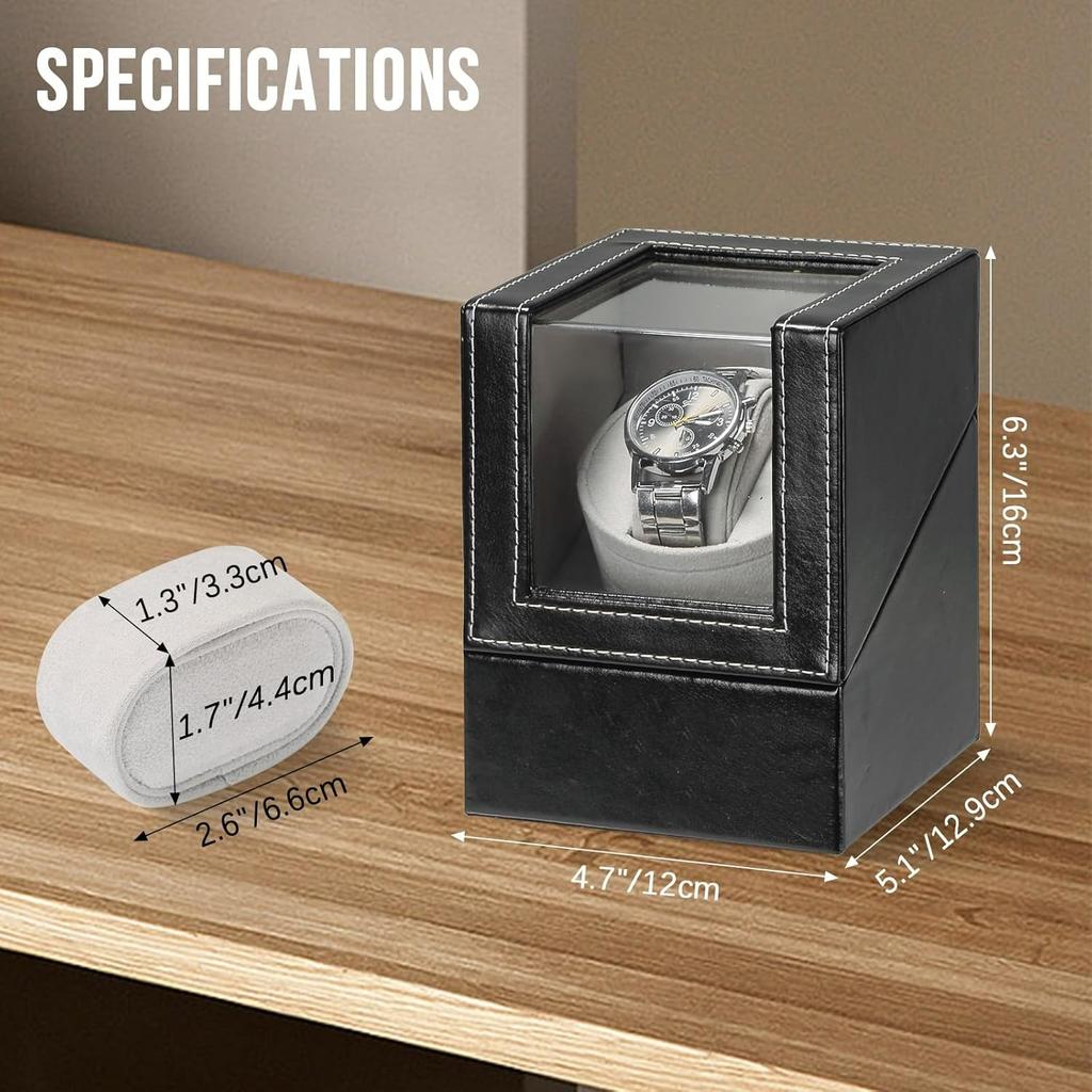 Single Watch Winder for Automatic Watches | Black Leather Watch Display Case Storage Box | Fits Lady and Man Automatic Watch