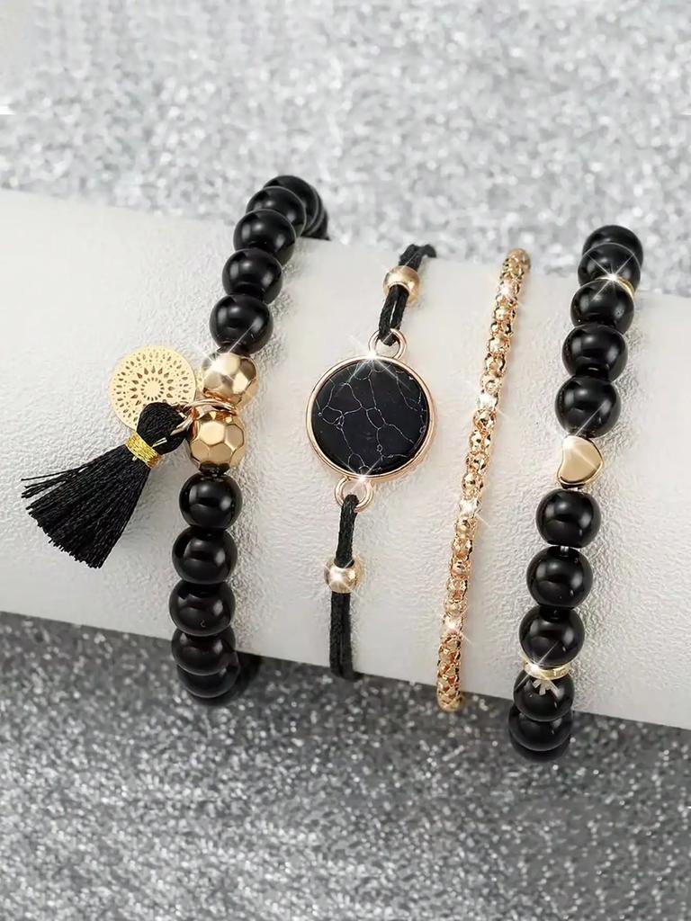 5PCS/Set Women's Watch Fashion Rhinestone Leather Band Quartz Watch Beads Bracelets Set(Without Box)