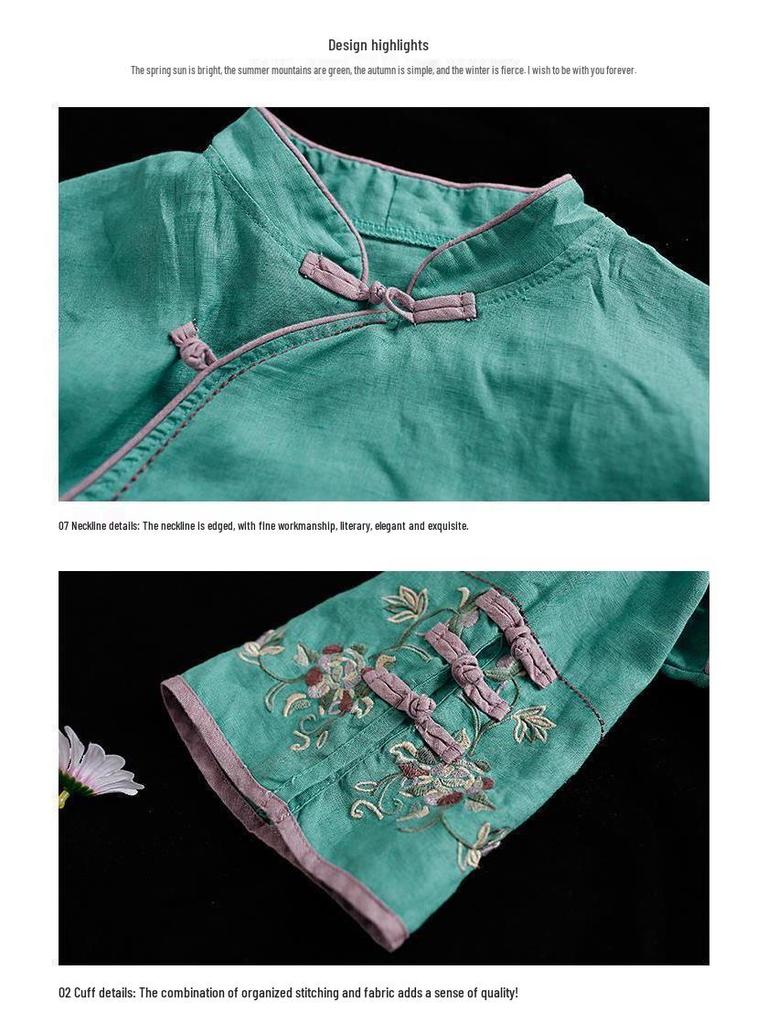2024 Retro Chinese-Style Embroidered Cotton Linen Shirt - Women's Spring/Summer Stand-up Collar Top