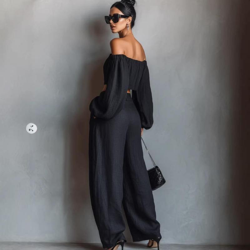 Women's Two Piece Set Off Shoulder Crop Top Wide Leg Pants Long Sleeve Party Outfit