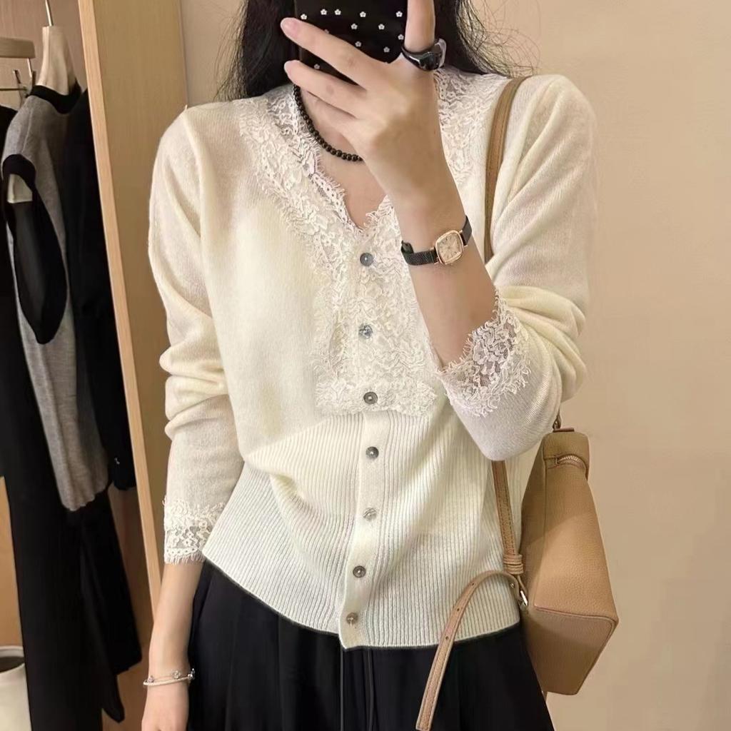 Arctic velvet, lace v-neck solid color knitted sweater women's cardigan autumn and winter long-sleeved short gentle wind sweater