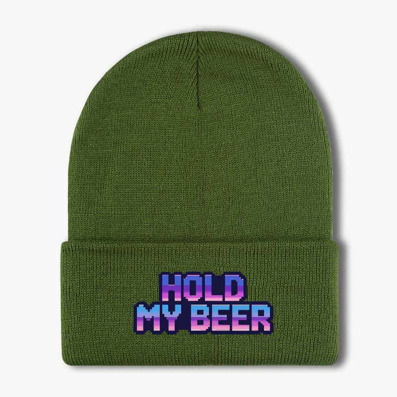 MLFO Brand HOLD MY BEER Printed Knit Beanie Soft and Warm Comfortable Stretch Humorous and Playful Trendy Unisex Design Suitab