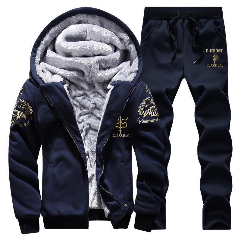 Men's Plus Size Winter Fleece-Lined Two-Piece Casual Sports Set - Youthful Korean Style